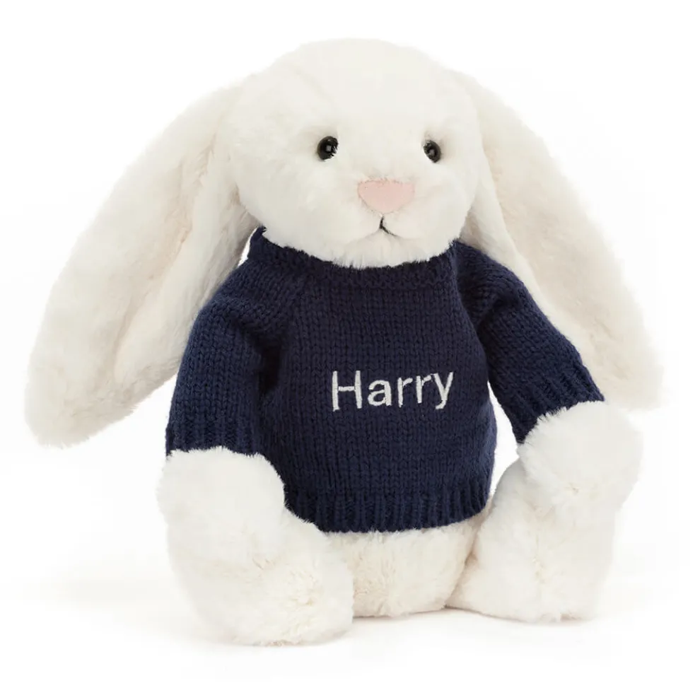 Bashful Cream Bunny with Personalised Navy Jumper