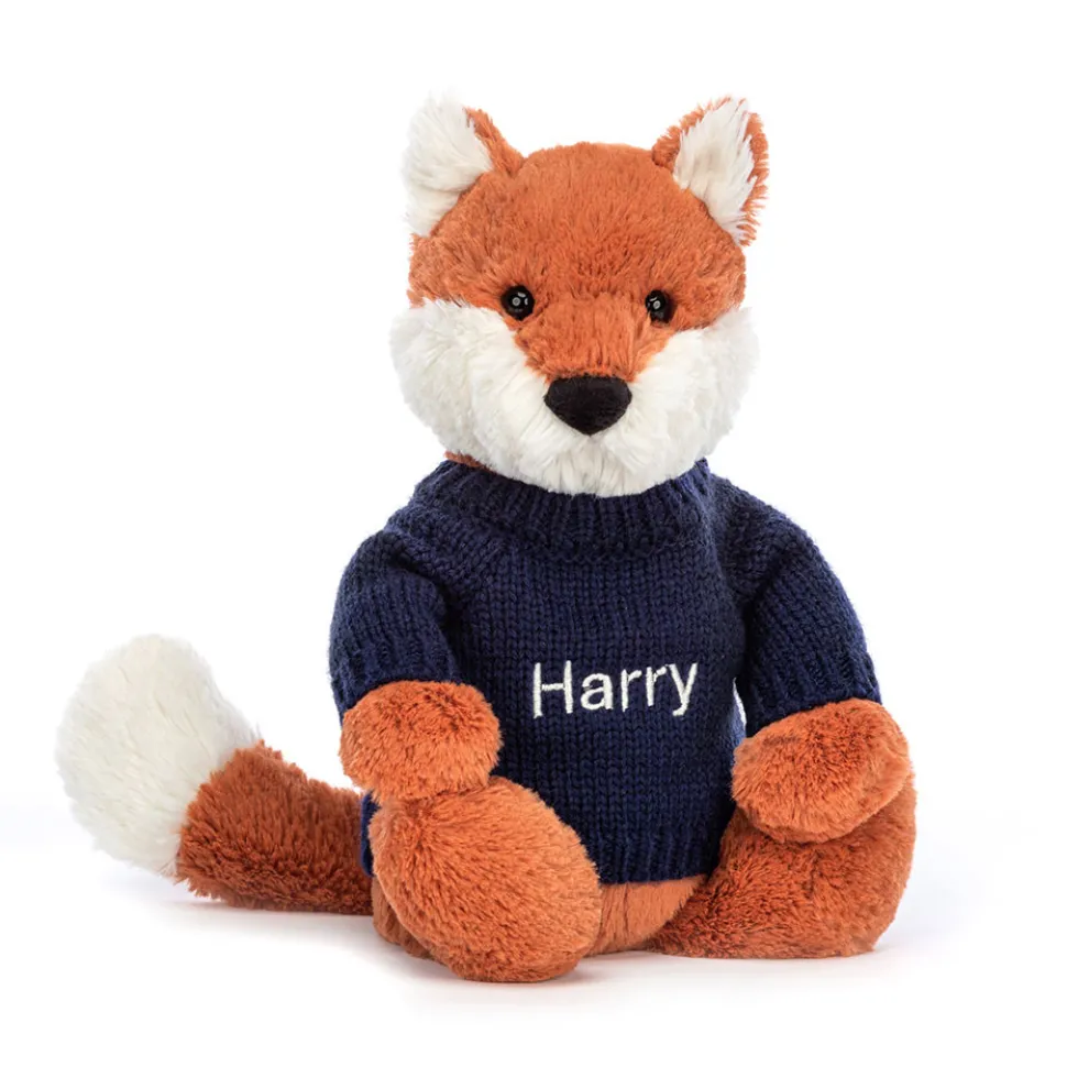 Bashful Fox Cub with Personalised Navy Jumper