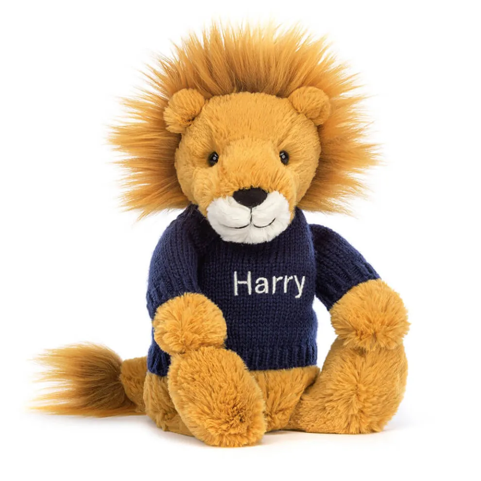 Bashful Lion with Personalised Navy Jumper