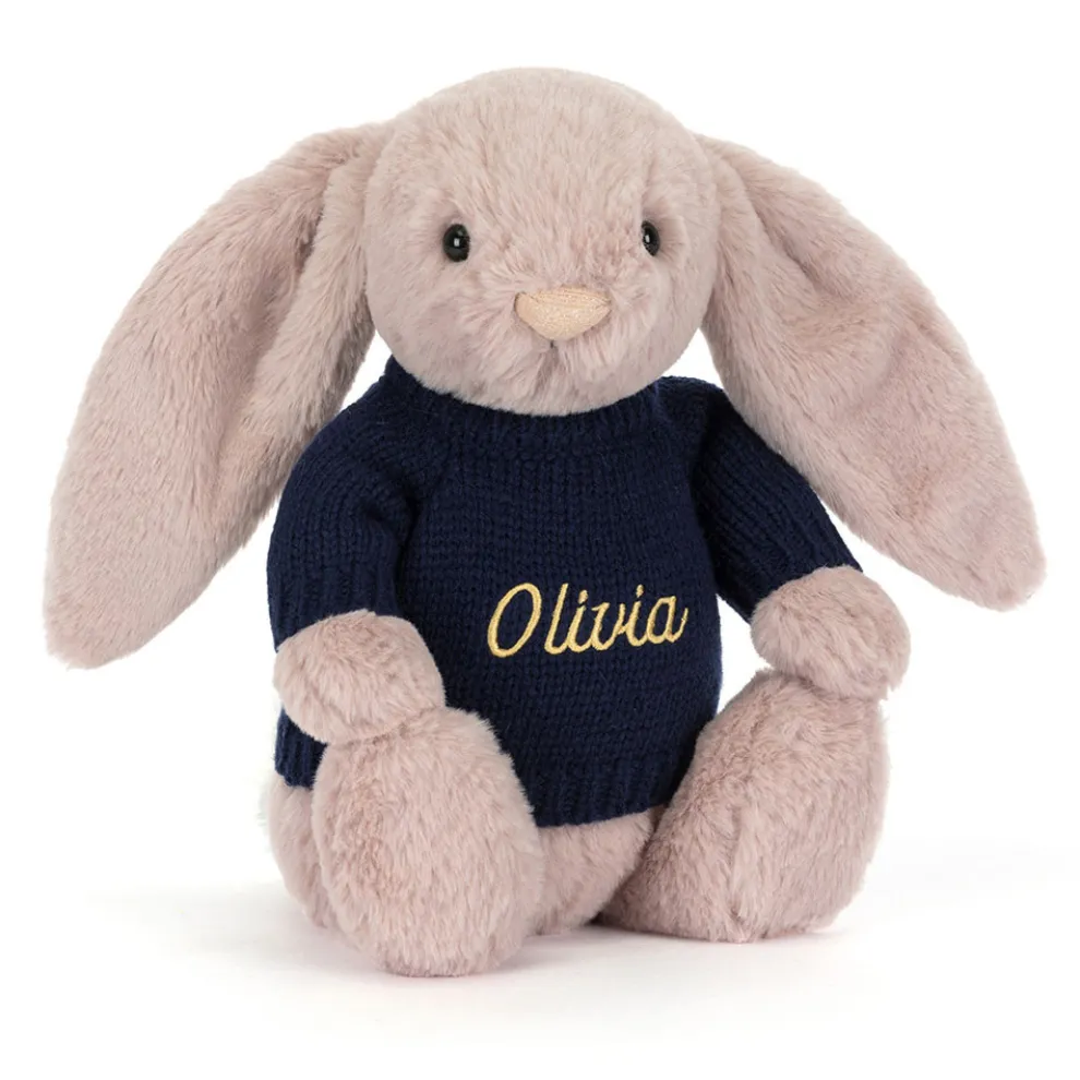 Bashful Luxe Bunny Rosa with Personalised Navy Jumper