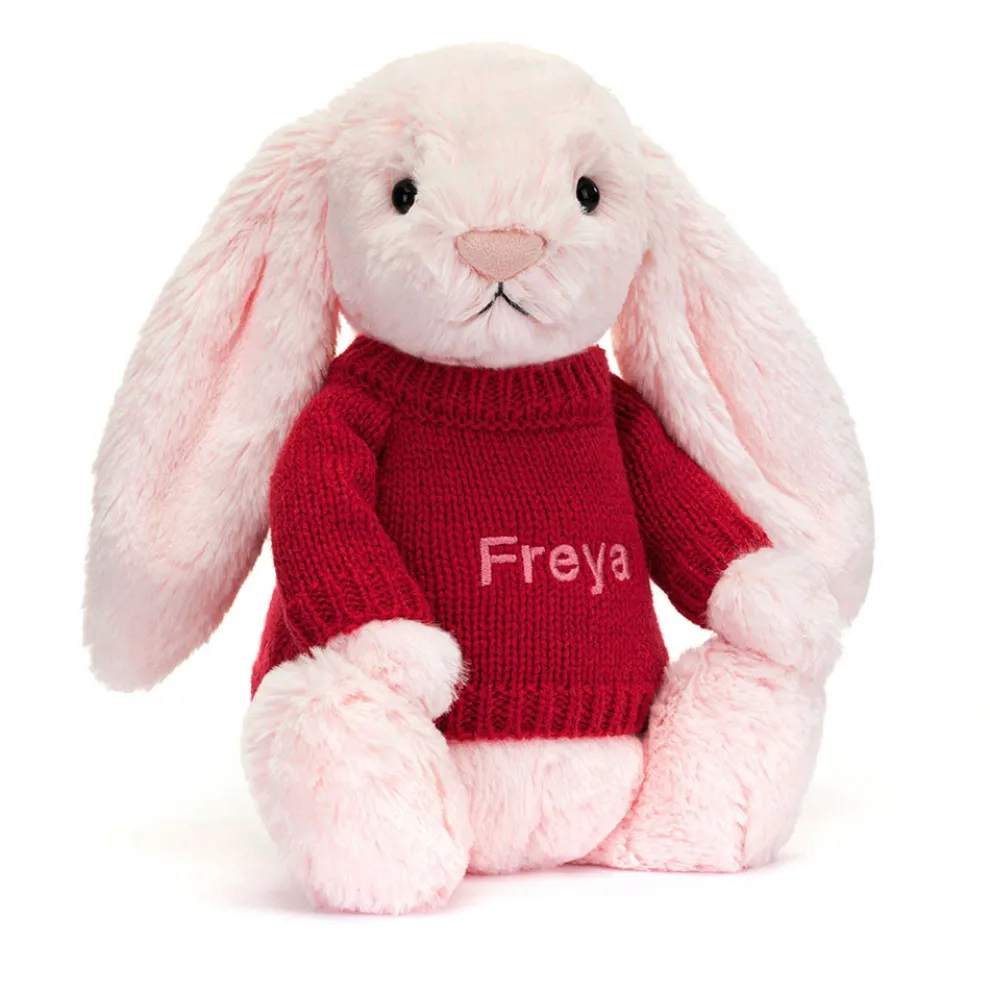 Bashful Pink Bunny with Personalised Red Jumper