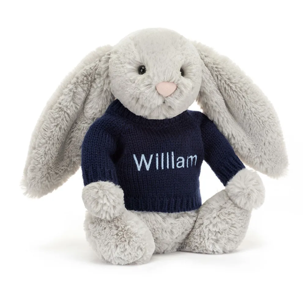 Bashful Silver Bunny with Personalised Navy Jumper