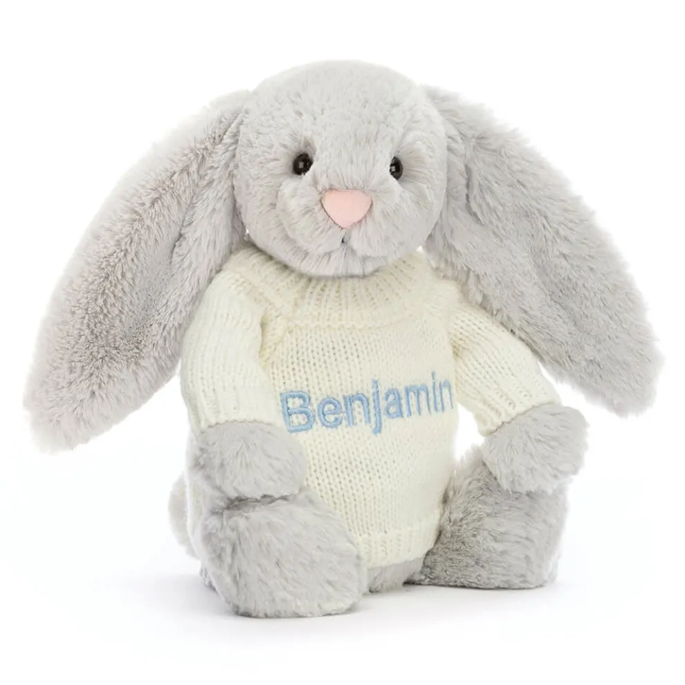 Bashful Silver Bunny with Personalised Cream Jumper