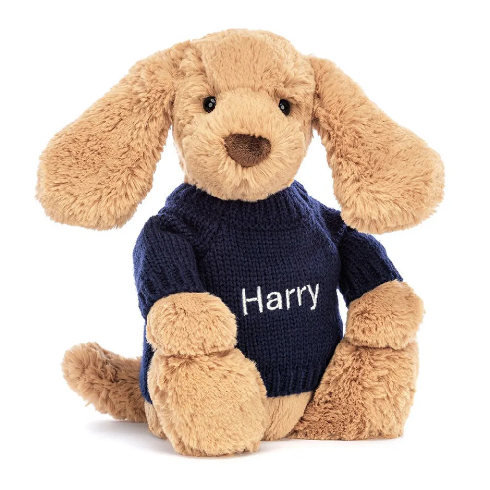Bashful Toffee Puppy with Personalised Navy Jumper