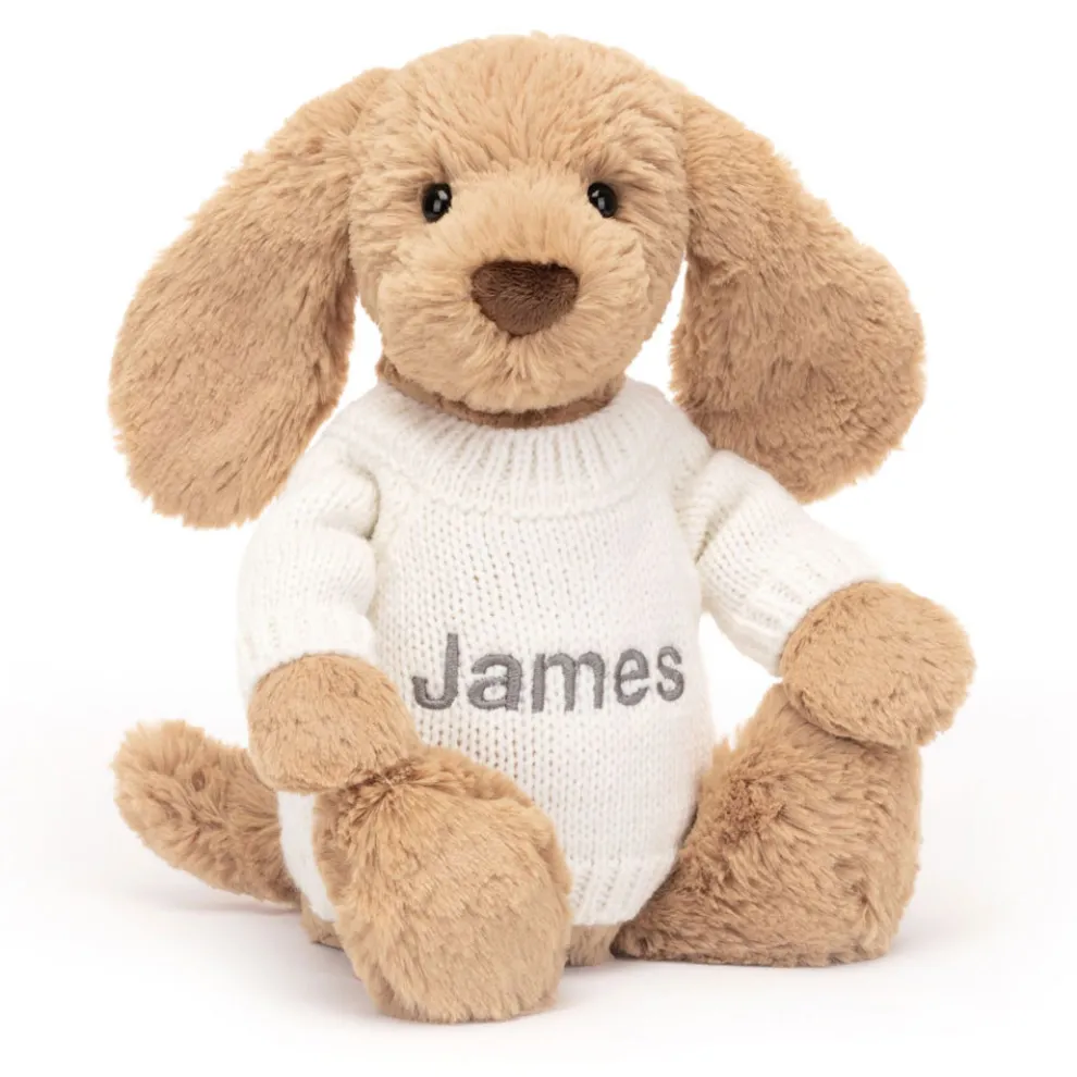 Bashful Toffee Puppy with Personalised Cream Jumper