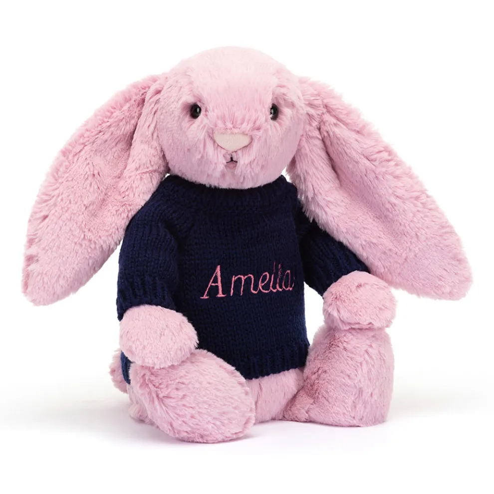 Bashful Tulip Pink Bunny with Personalised Navy Jumper