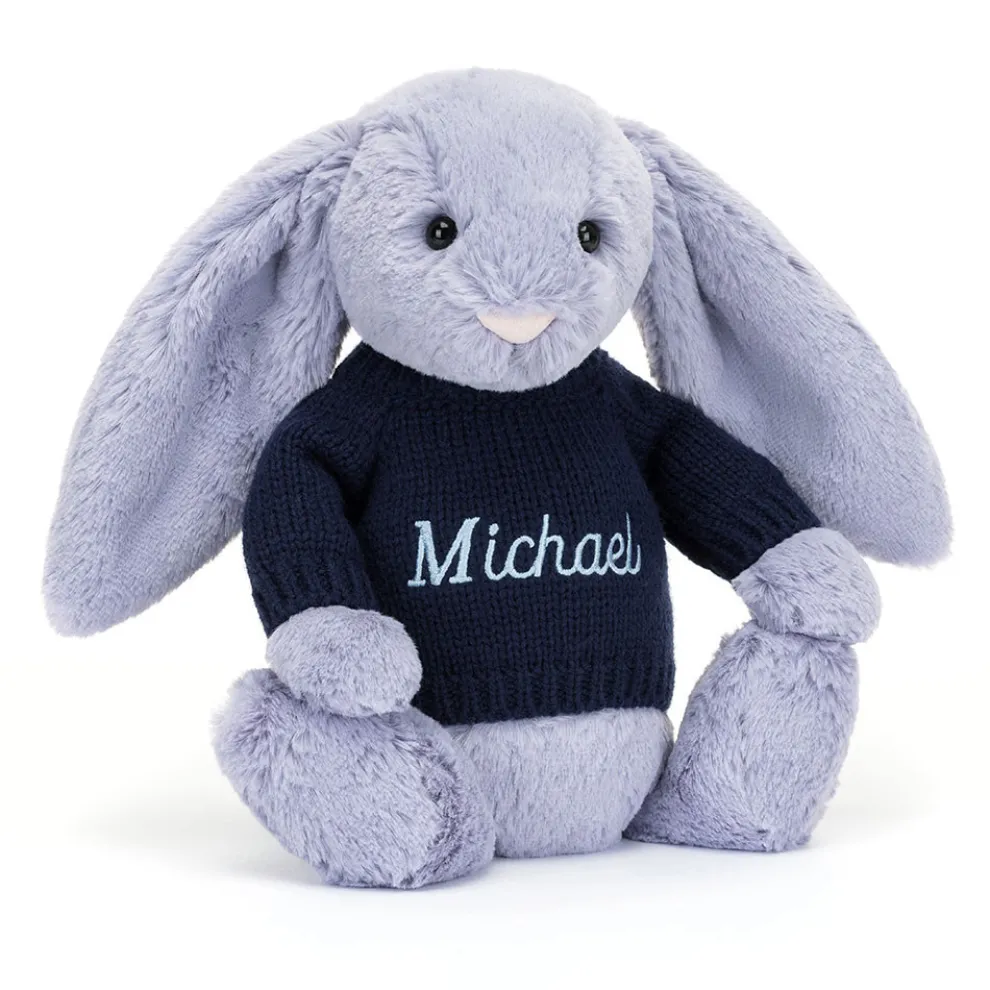 Bashful Viola Bunny with Personalised Navy Jumper